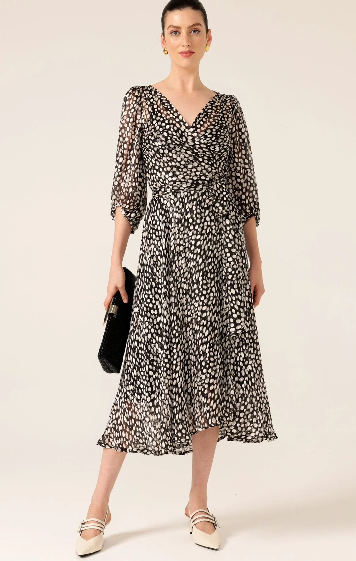 CLOUDLAND WRAP DRESS IN BLACK WHITE SPOT - Image 3