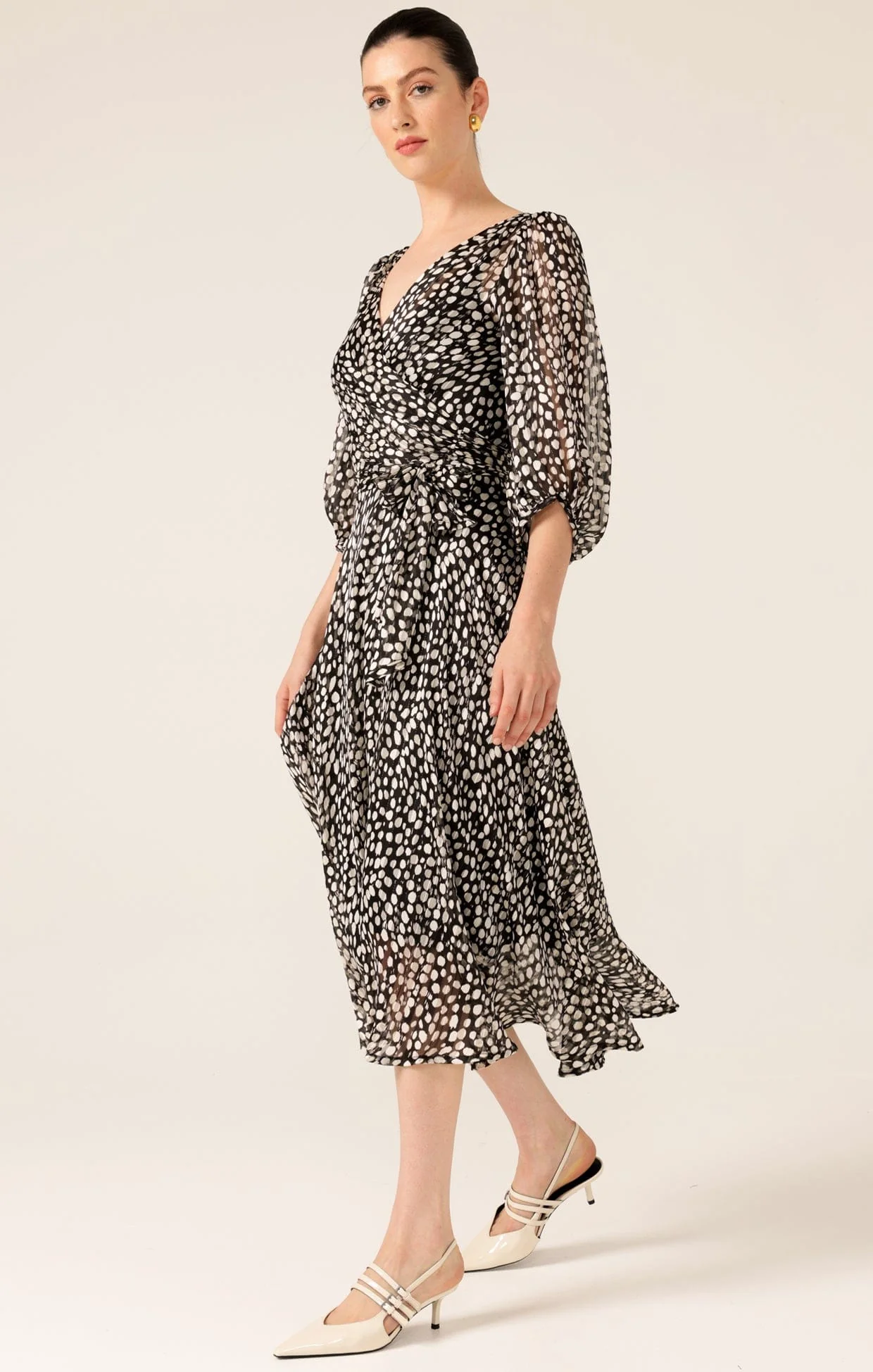 CLOUDLAND WRAP DRESS IN BLACK WHITE SPOT - Image 4