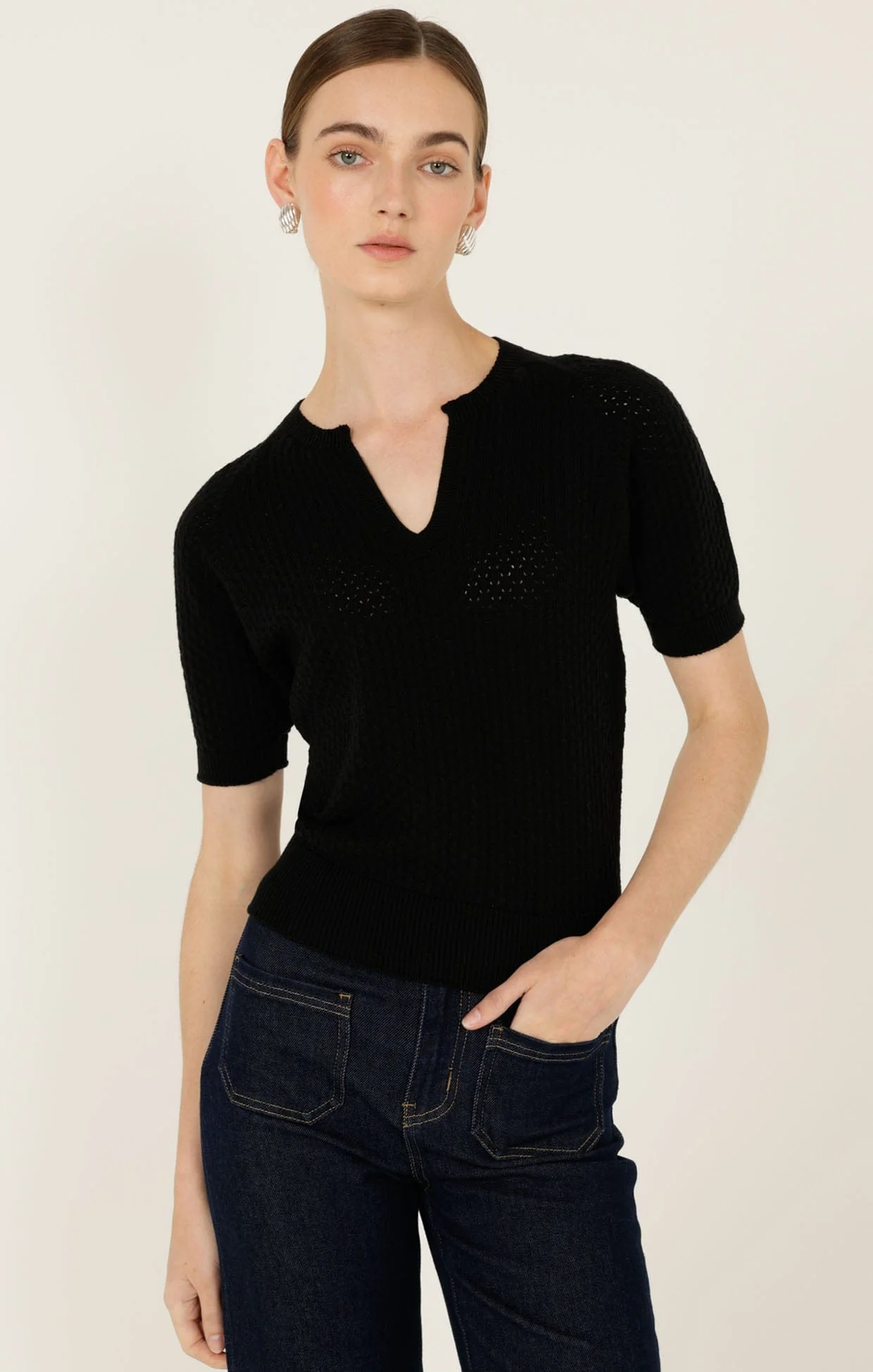 HENLEY KNIT TOP IN BLACK