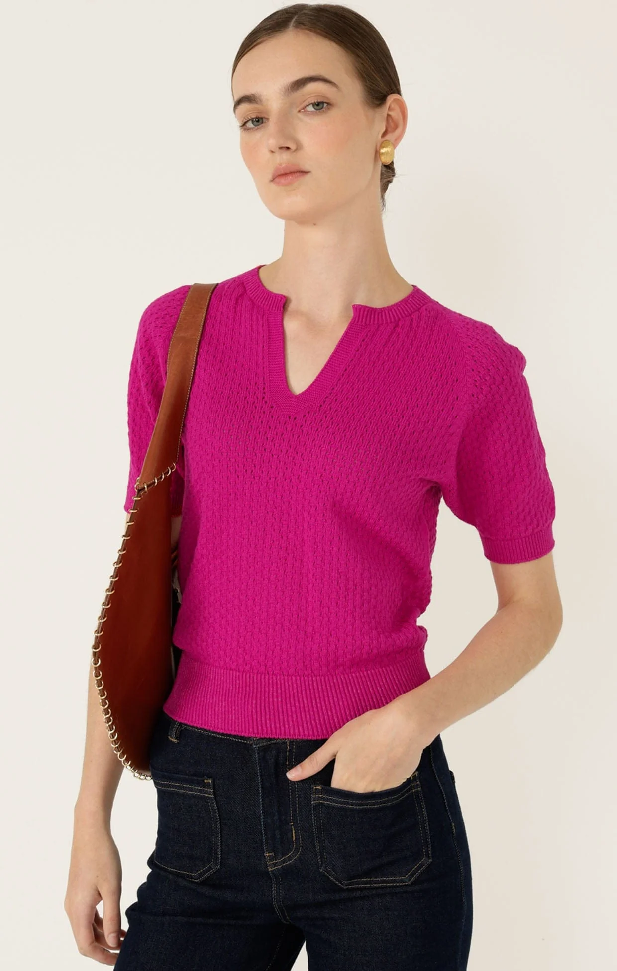 HENLEY KNIT TOP IN FUCHSIA - Image 3