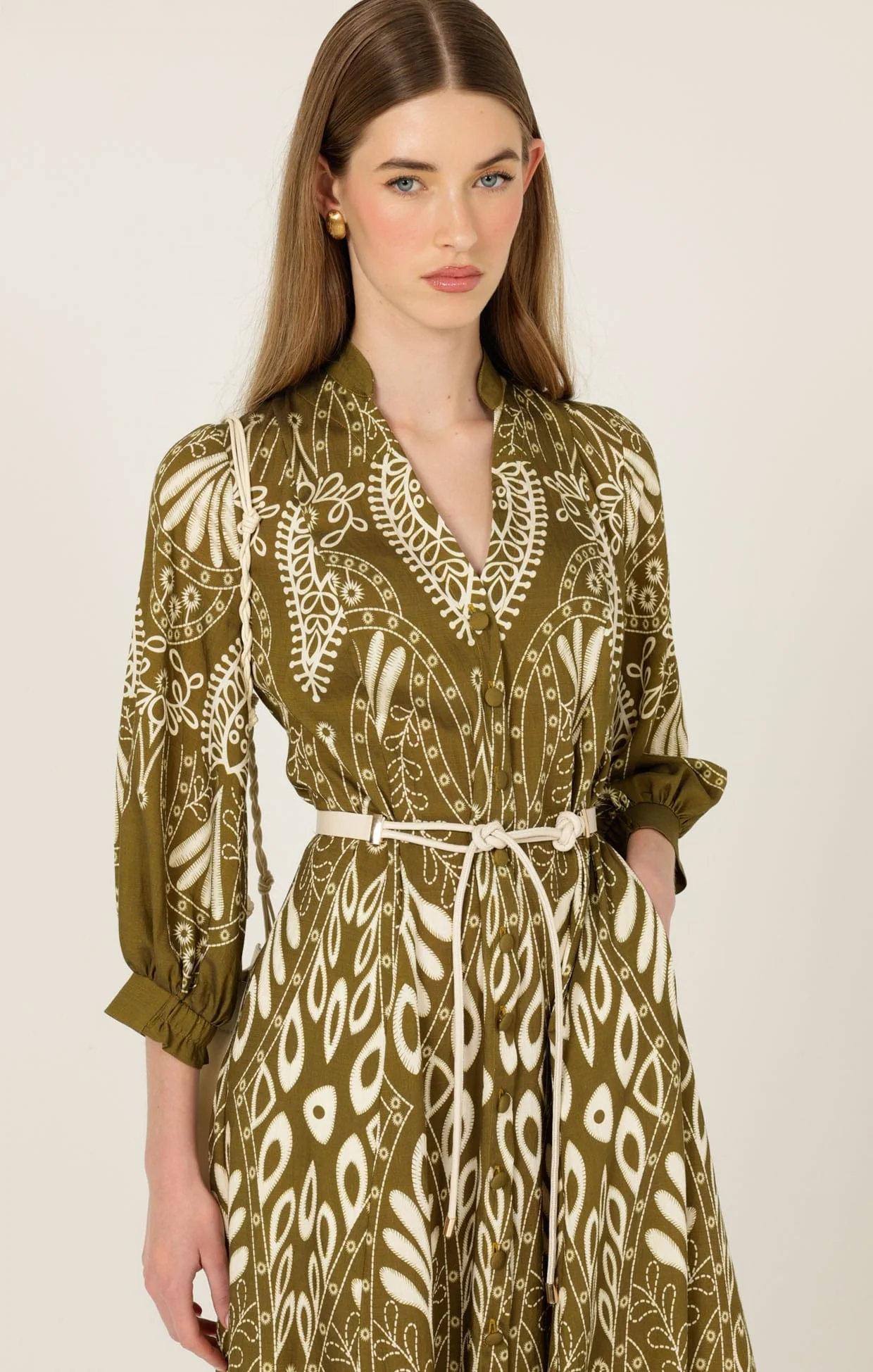 INDIE SHIRTMAKER DRESS IN OLIVE CREAM - Image 5