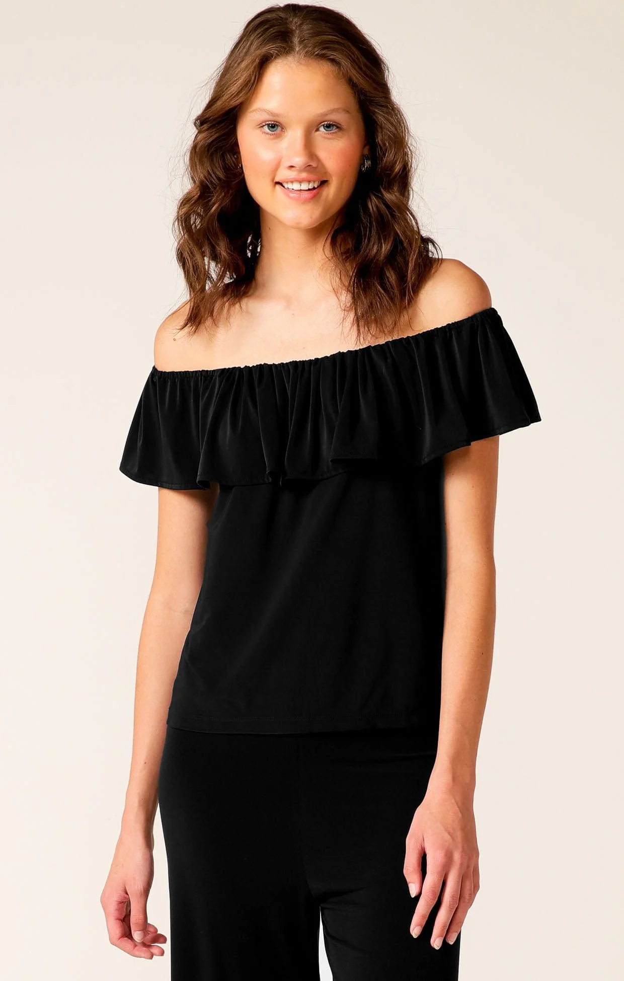 OFF SHOULDER FRILL TOP IN BLACK