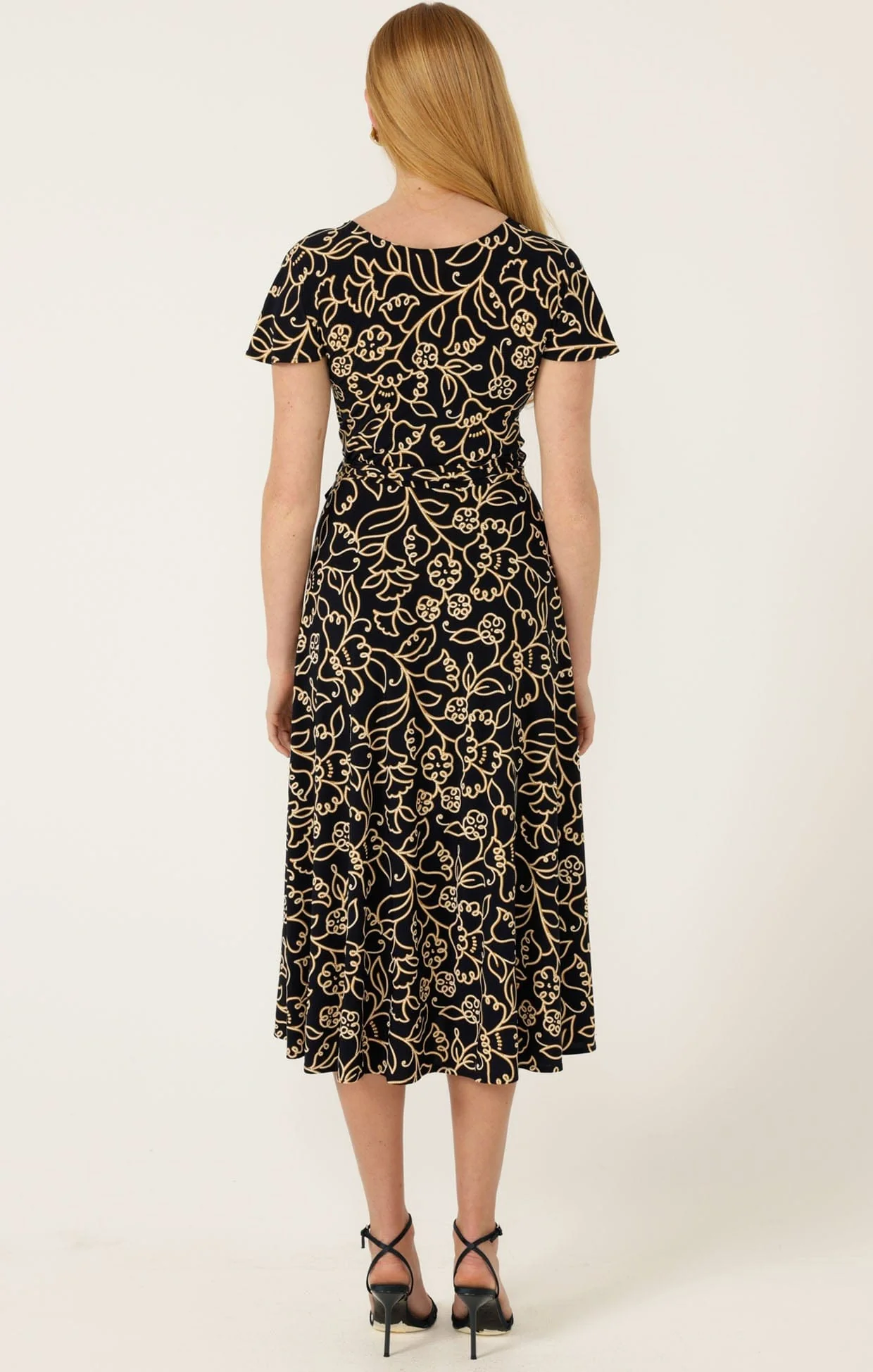 REVERSE WRAP MIDI DRESS IN NAVY GOLD FLOWER - Image 5
