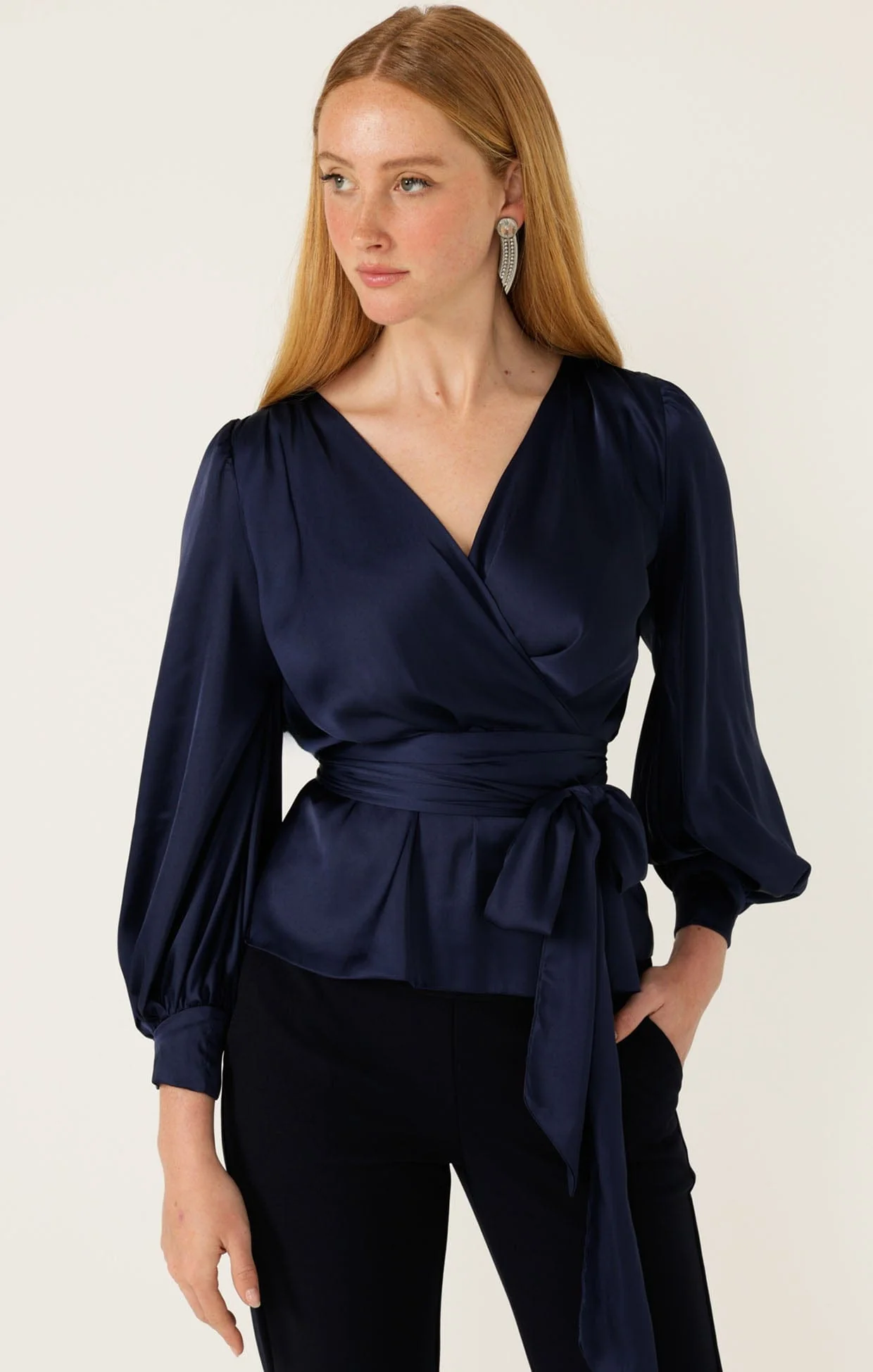 SATIN FAUX WRAP TOP IN NAVY