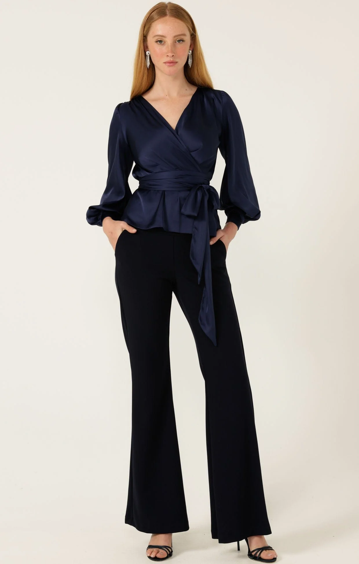 SATIN FAUX WRAP TOP IN NAVY - Image 2