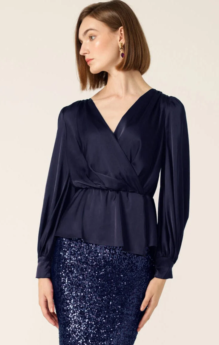 SATIN FAUX WRAP TOP IN NAVY - Image 3