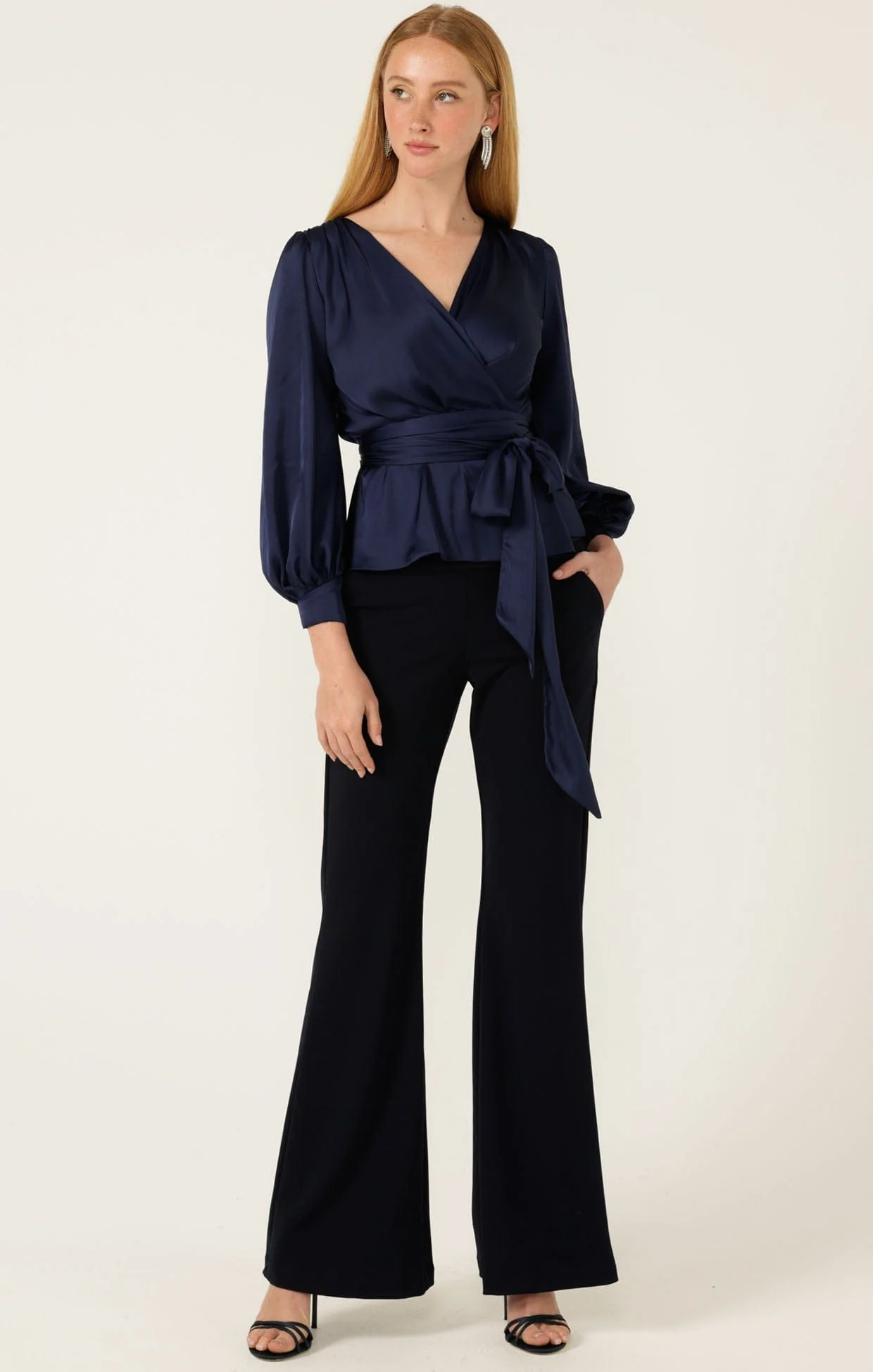 SATIN FAUX WRAP TOP IN NAVY - Image 7