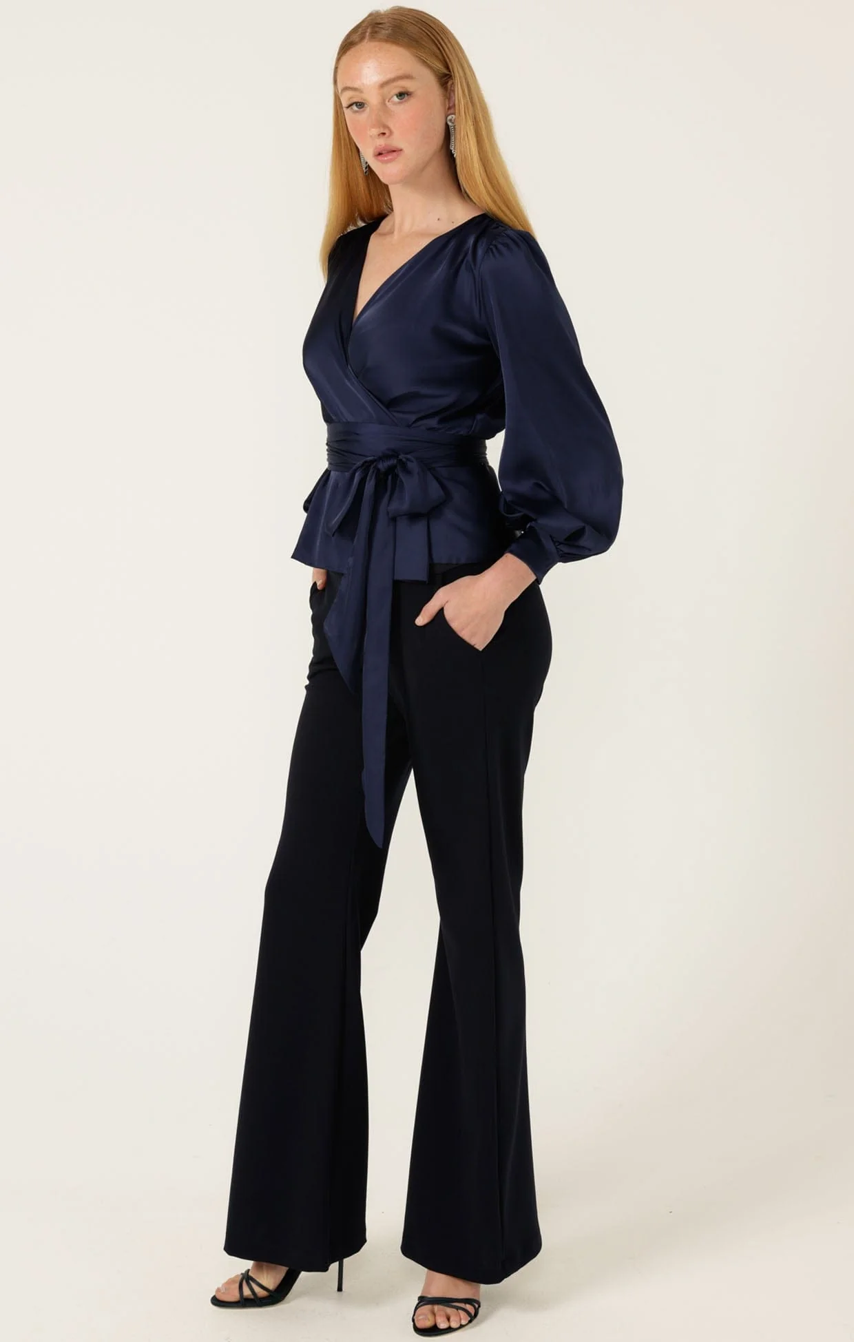 SATIN FAUX WRAP TOP IN NAVY - Image 8