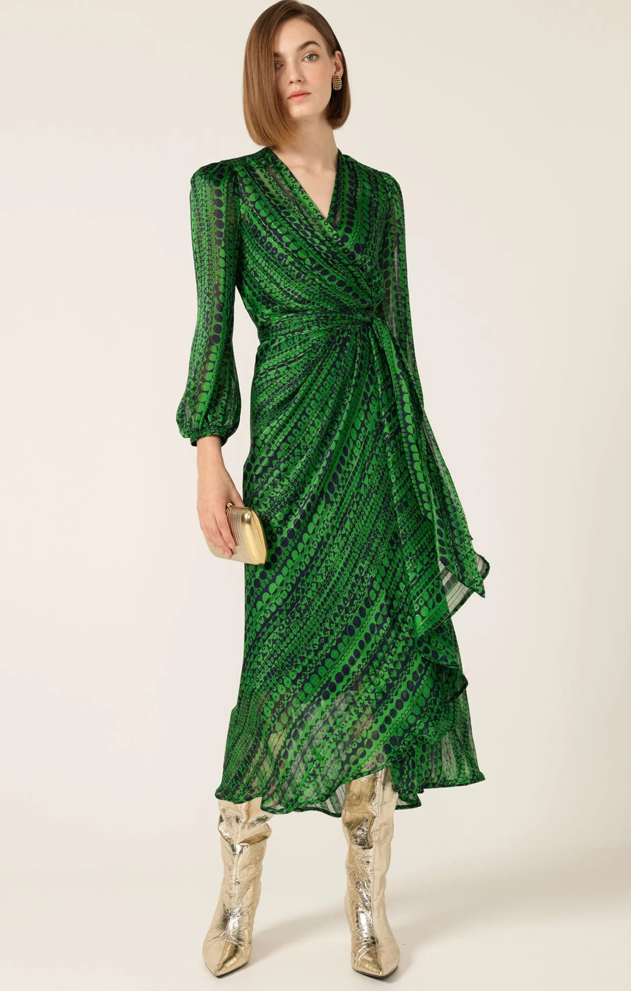 SAVOIR MIDI WRAP DRESS IN NAVY GREEN - Image 4